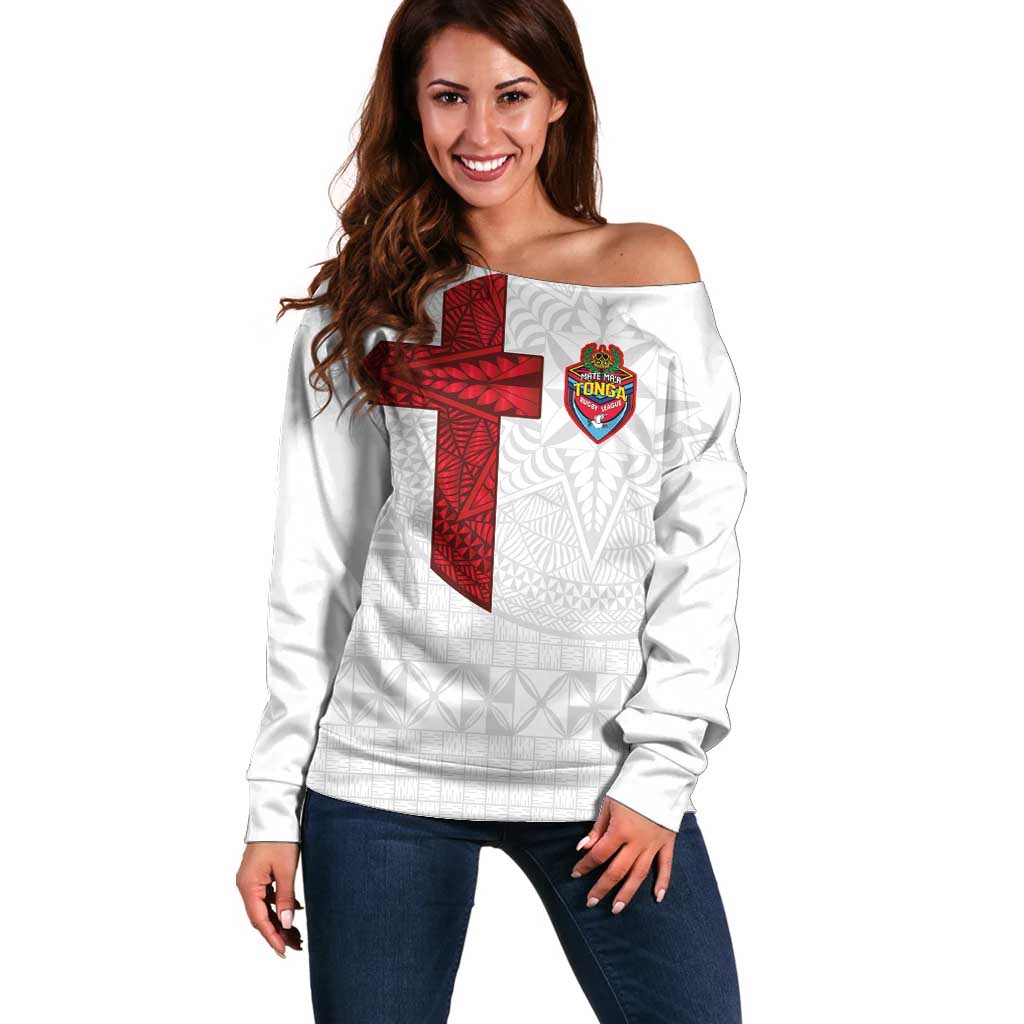 Custom Tonga Ngatu Art Rugby Mate Ma'a Off Shoulder Sweater LT03 Women White - Polynesian Pride