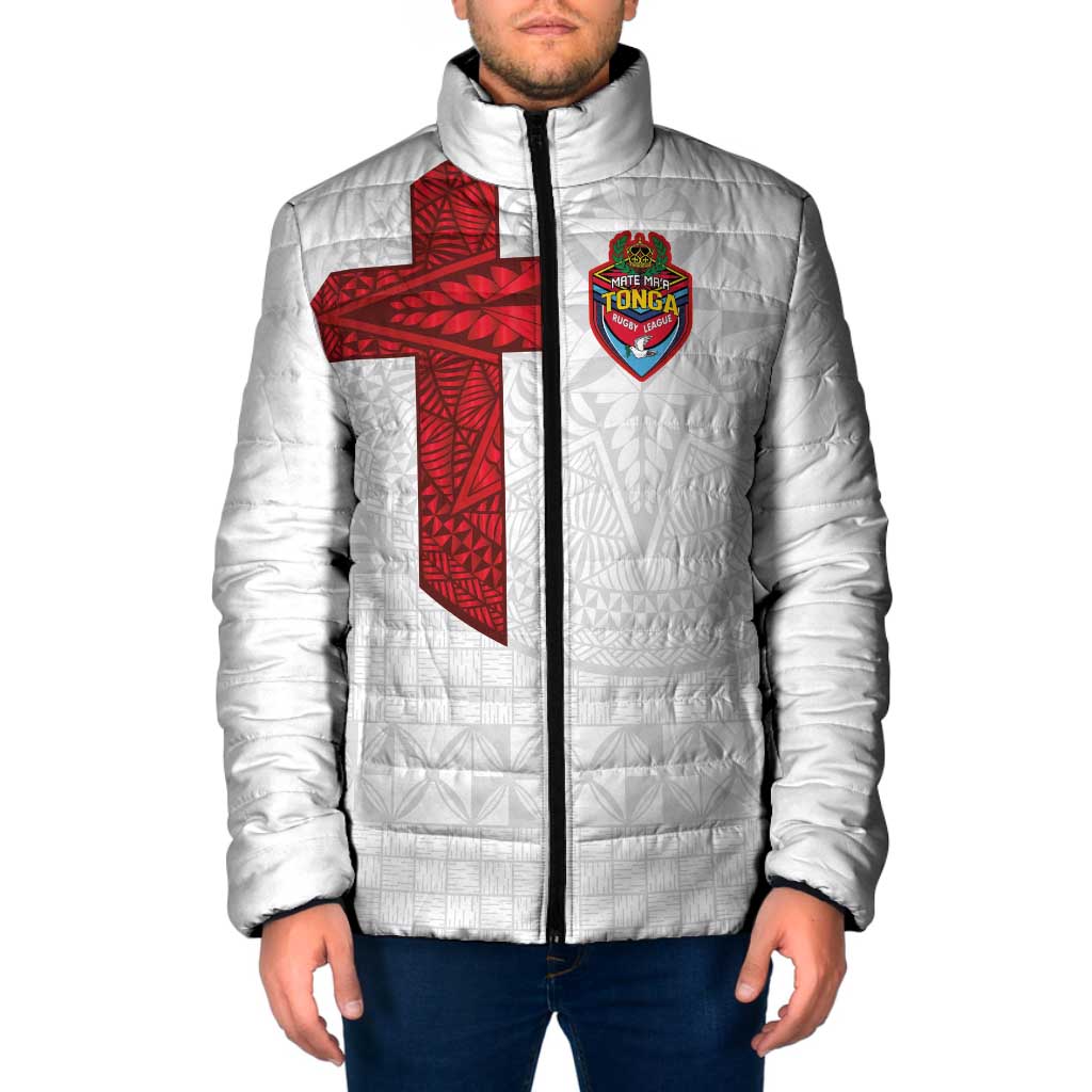 Custom Tonga Ngatu Art Rugby Mate Ma'a Padded Jacket LT03 Men White - Polynesian Pride