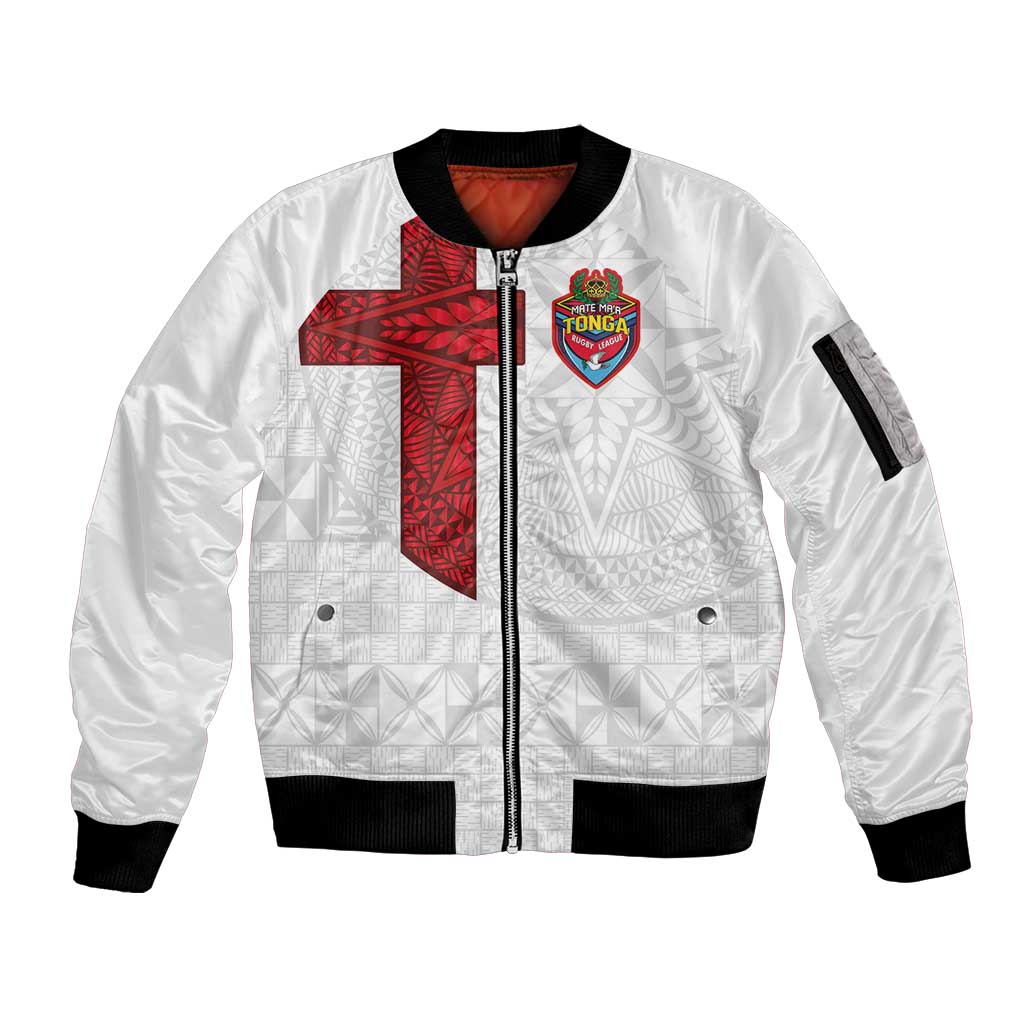 Custom Tonga Ngatu Art Rugby Mate Ma'a Sleeve Zip Bomber Jacket LT03 Unisex White - Polynesian Pride