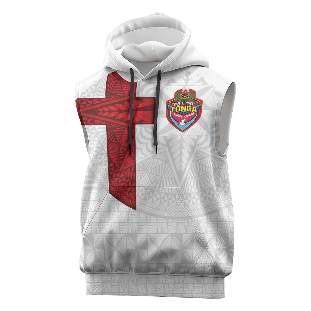 Custom Tonga Ngatu Art Rugby Mate Ma'a Sleeveless Hoodie LT03 White - Polynesian Pride