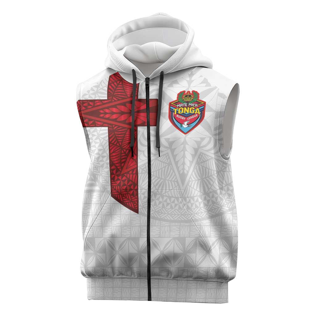 Custom Tonga Ngatu Art Rugby Mate Ma'a Sleeveless Zip Hoodie LT03 White - Polynesian Pride