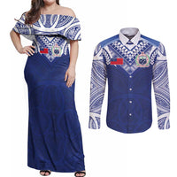 Custom Samoa Rugby Couples Matching Off Shoulder Maxi Dress and Long Sleeve Button Shirt Pacific Motifs LT03 Blue - Polynesian Pride