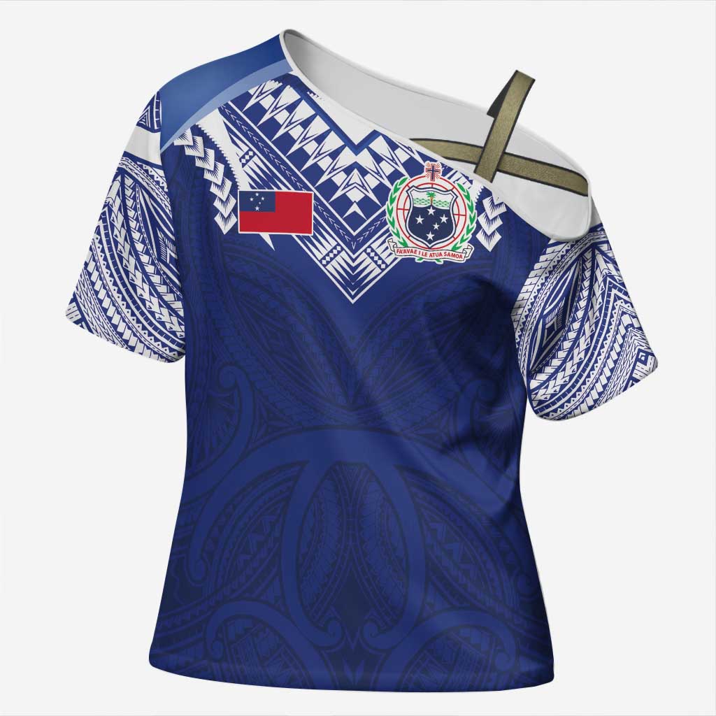 Custom Samoa Rugby Cross Shoulder Shirt Pacific Motifs LT03 Female Blue - Polynesian Pride