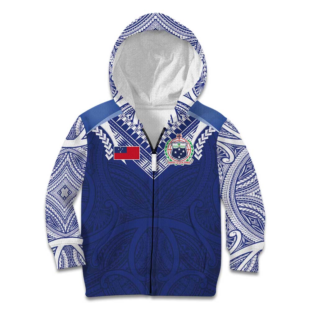 Custom Samoa Rugby Kid Hoodie Pacific Motifs LT03 Zip Hoodie Blue - Polynesian Pride