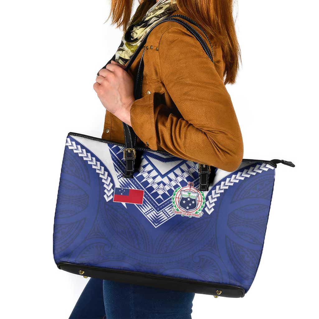 Samoa Rugby Leather Tote Bag Pacific Motifs LT03 Blue - Polynesian Pride