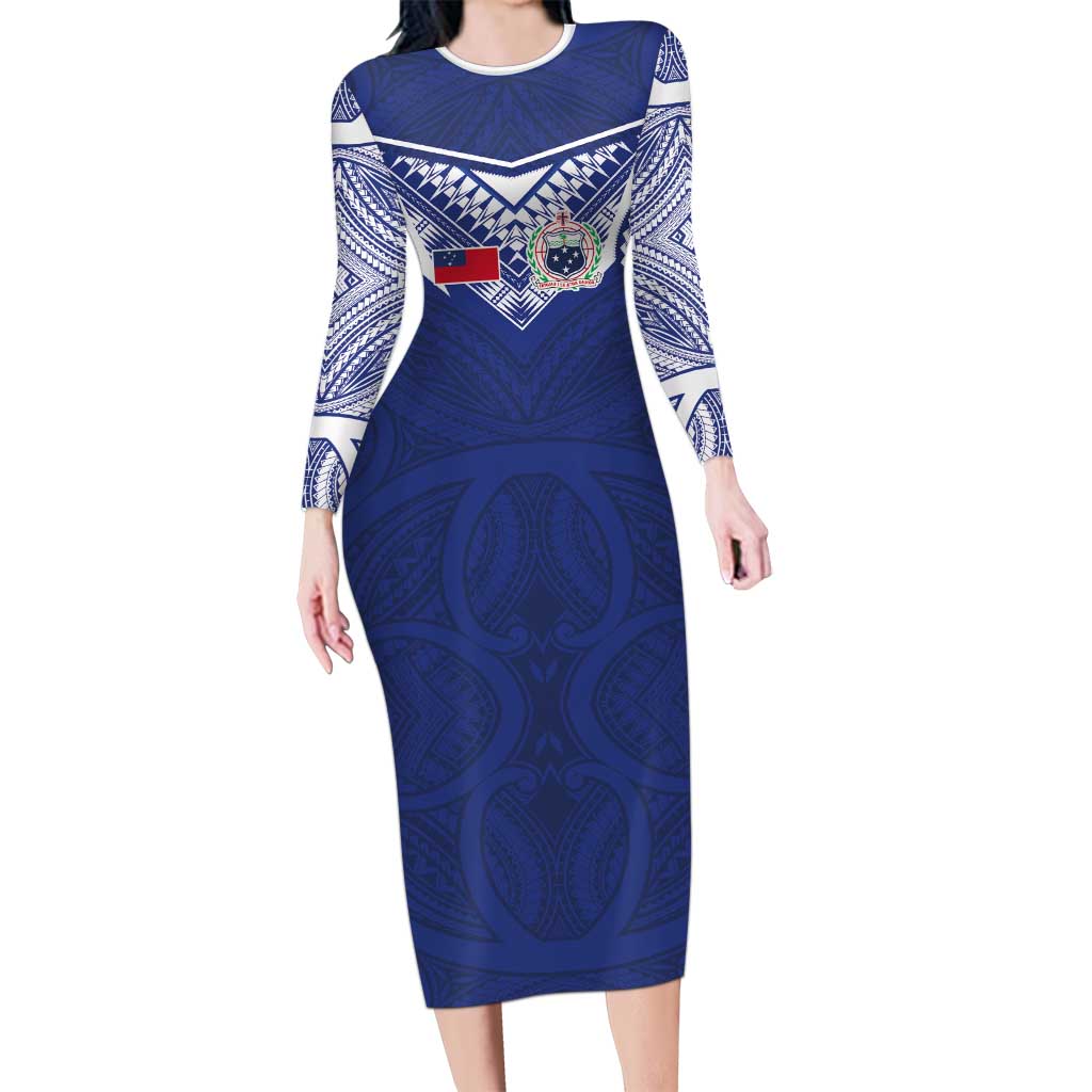 Custom Samoa Rugby Long Sleeve Bodycon Dress Pacific Motifs LT03 Long Dress Blue - Polynesian Pride
