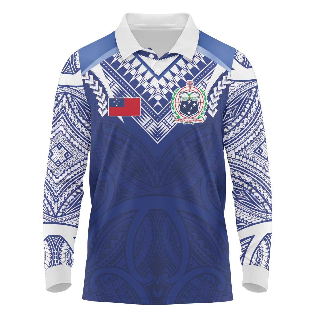 Custom Samoa Rugby Long Sleeve Polo Shirt Pacific Motifs LT03 Blue - Polynesian Pride