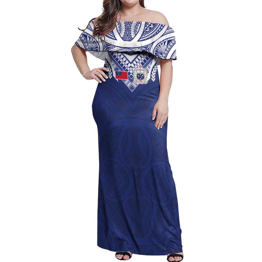 Custom Samoa Rugby Off Shoulder Maxi Dress Pacific Motifs LT03 Women Blue - Polynesian Pride