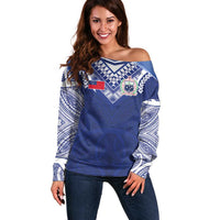 Custom Samoa Rugby Off Shoulder Sweater Pacific Motifs LT03 Women Blue - Polynesian Pride