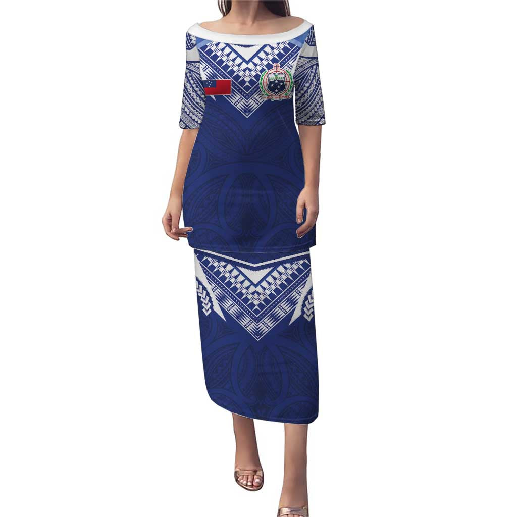 Custom Samoa Rugby Puletasi Pacific Motifs LT03 Long Dress Blue - Polynesian Pride