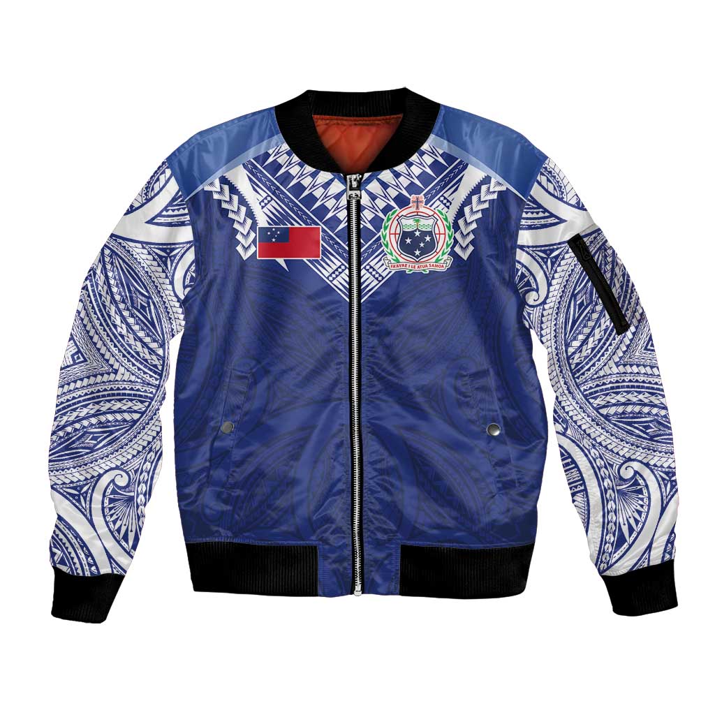 Custom Samoa Rugby Sleeve Zip Bomber Jacket Pacific Motifs LT03 Unisex Blue - Polynesian Pride