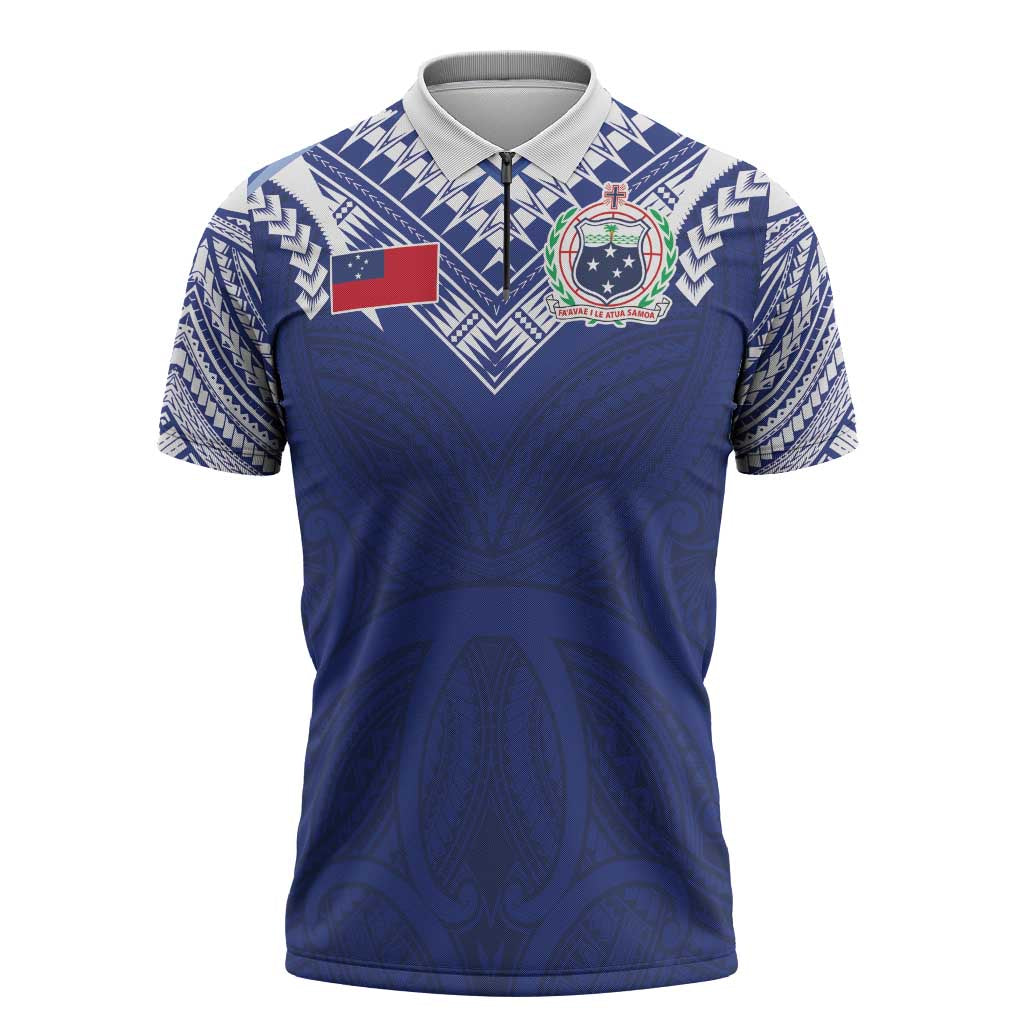 Custom Samoa Rugby Zipper Polo Shirt Pacific Motifs LT03 Blue - Polynesian Pride