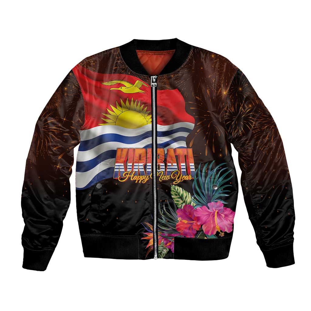 Kiribati Flag and Fireworks Bomber Jacket First Place Welcome the New Year LT03 Unisex Black - Polynesian Pride