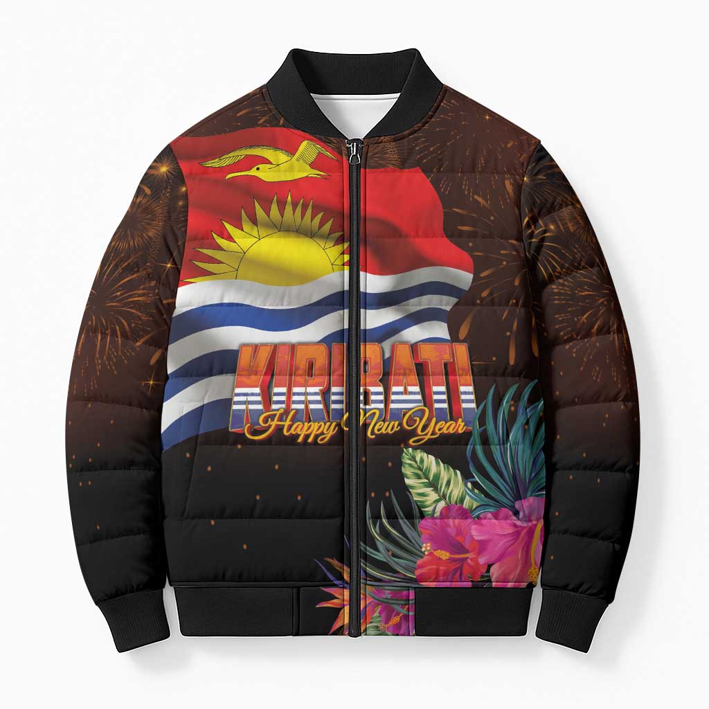 Kiribati Flag and Fireworks Bomber Puffer Jacket First Place Welcome the New Year LT03 Unisex Black - Polynesian Pride