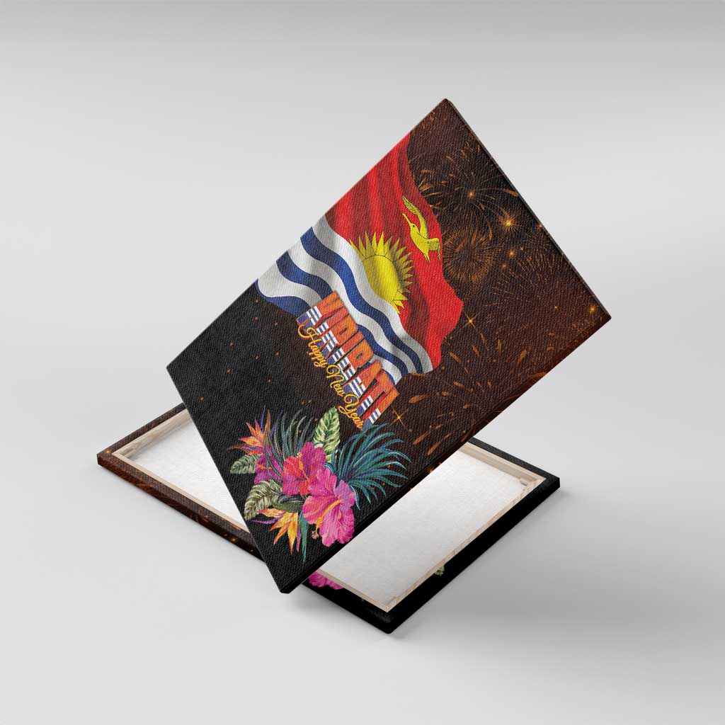 Kiribati Flag and Fireworks Canvas Wall Art First Place Welcome the New Year LT03 With Frame Black - Polynesian Pride