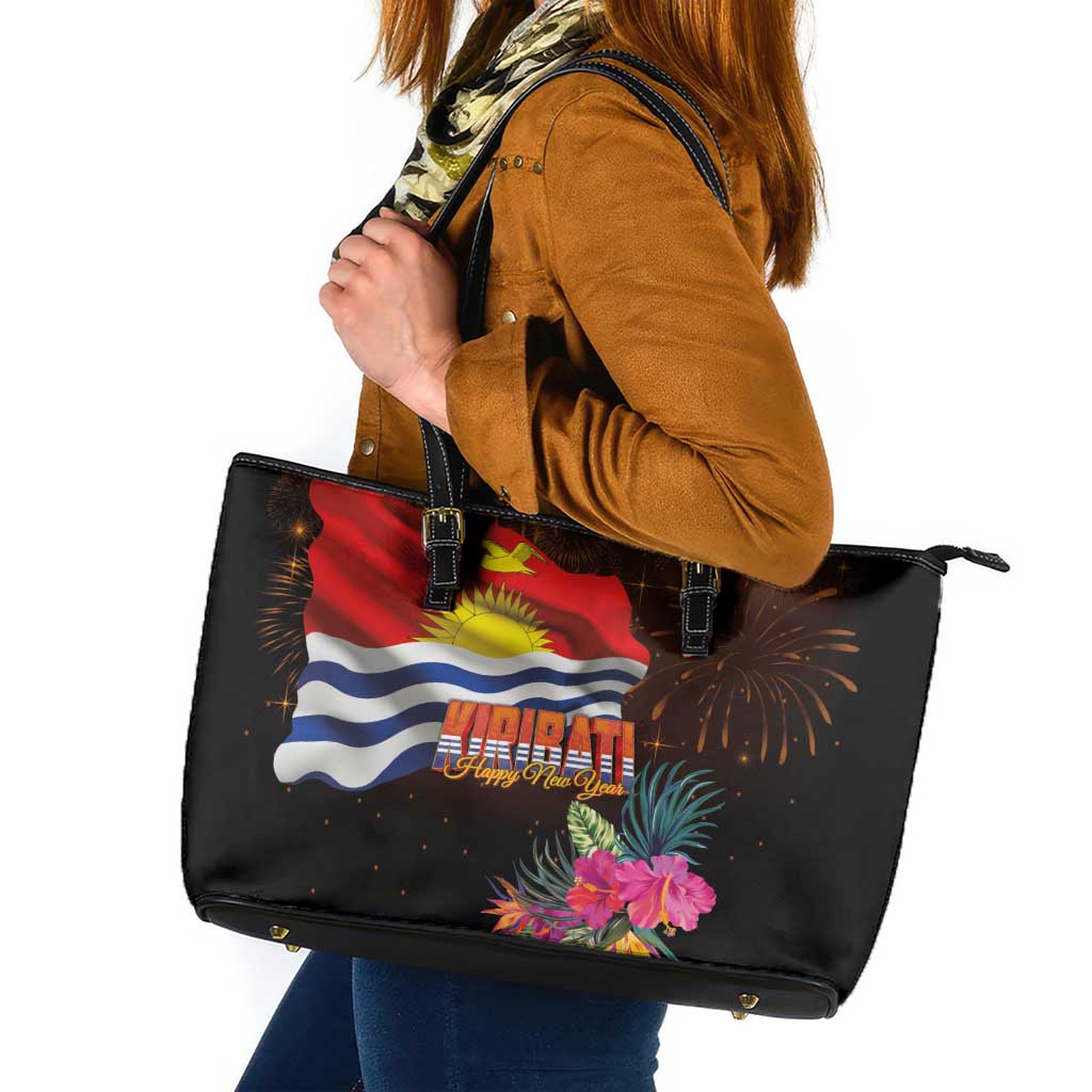Kiribati Flag and Fireworks Leather Tote Bag First Place Welcome the New Year LT03 Black - Polynesian Pride