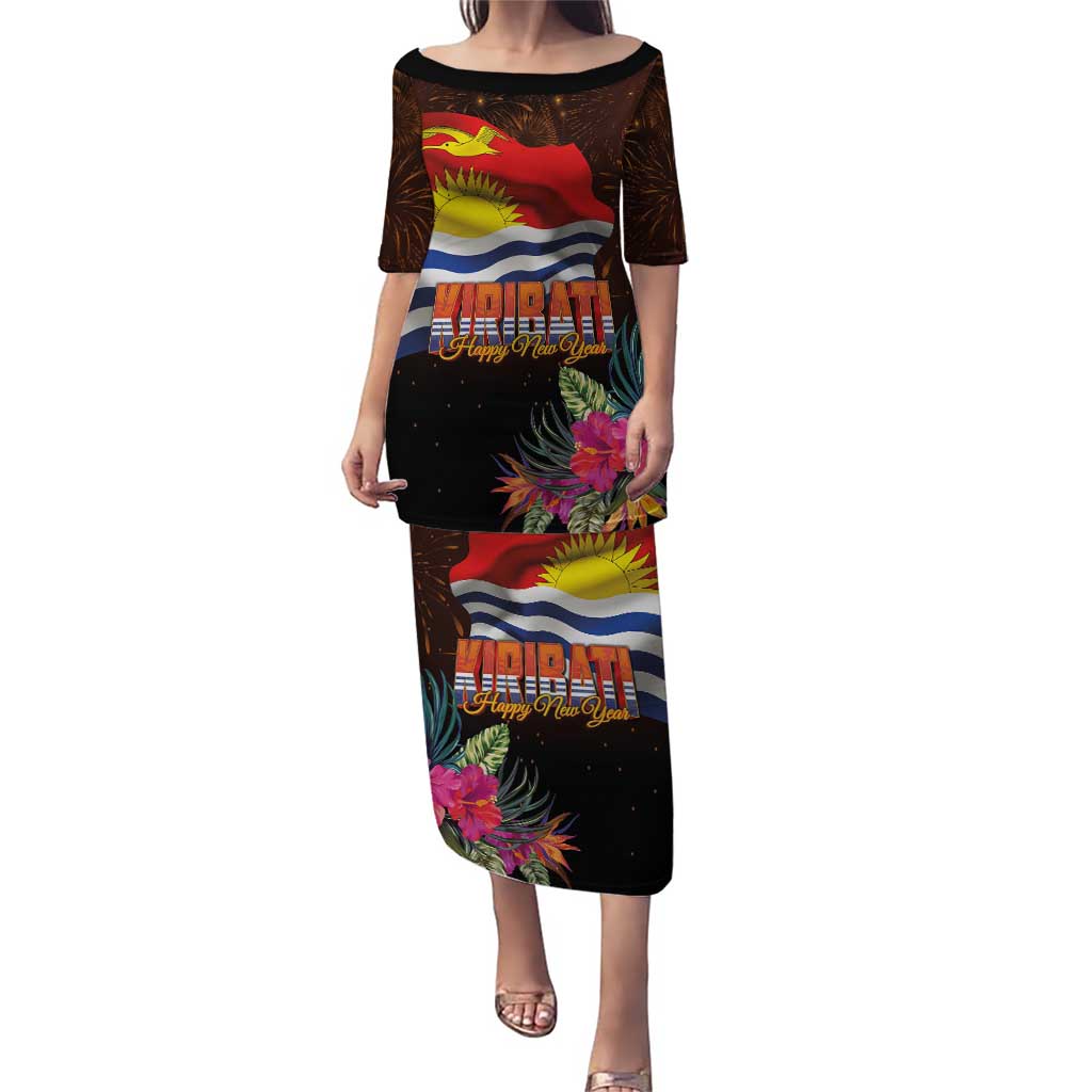 Kiribati Flag and Fireworks Puletasi First Place Welcome the New Year LT03 Long Dress Black - Polynesian Pride