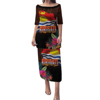 Kiribati Flag and Fireworks Puletasi First Place Welcome the New Year LT03 Long Dress Black - Polynesian Pride