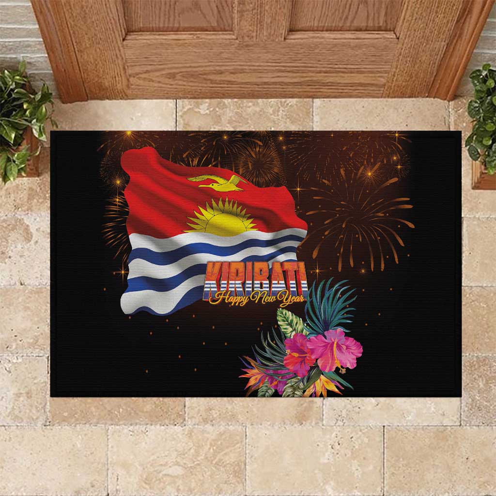 Kiribati Flag and Fireworks Rubber Doormat First Place Welcome the New Year LT03 Black - Polynesian Pride