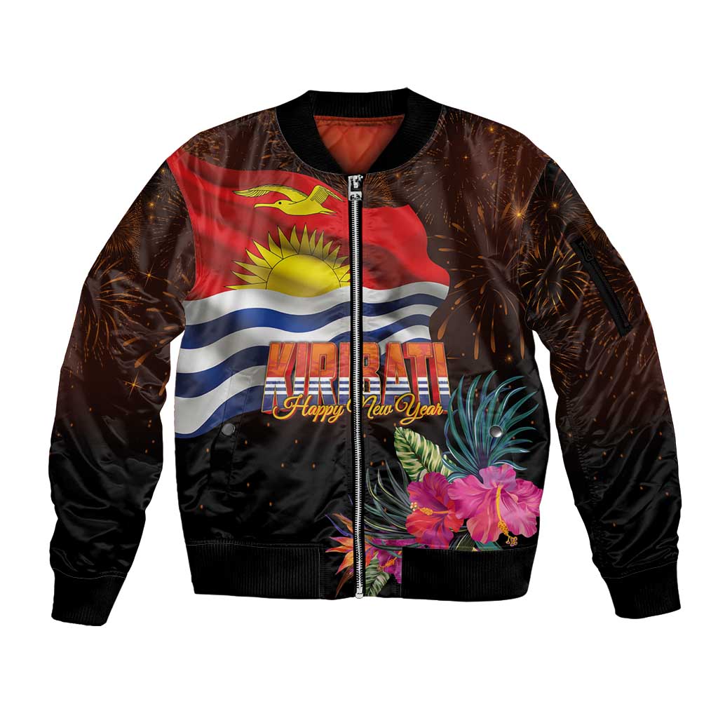 Kiribati Flag and Fireworks Sleeve Zip Bomber Jacket First Place Welcome the New Year LT03 Unisex Black - Polynesian Pride