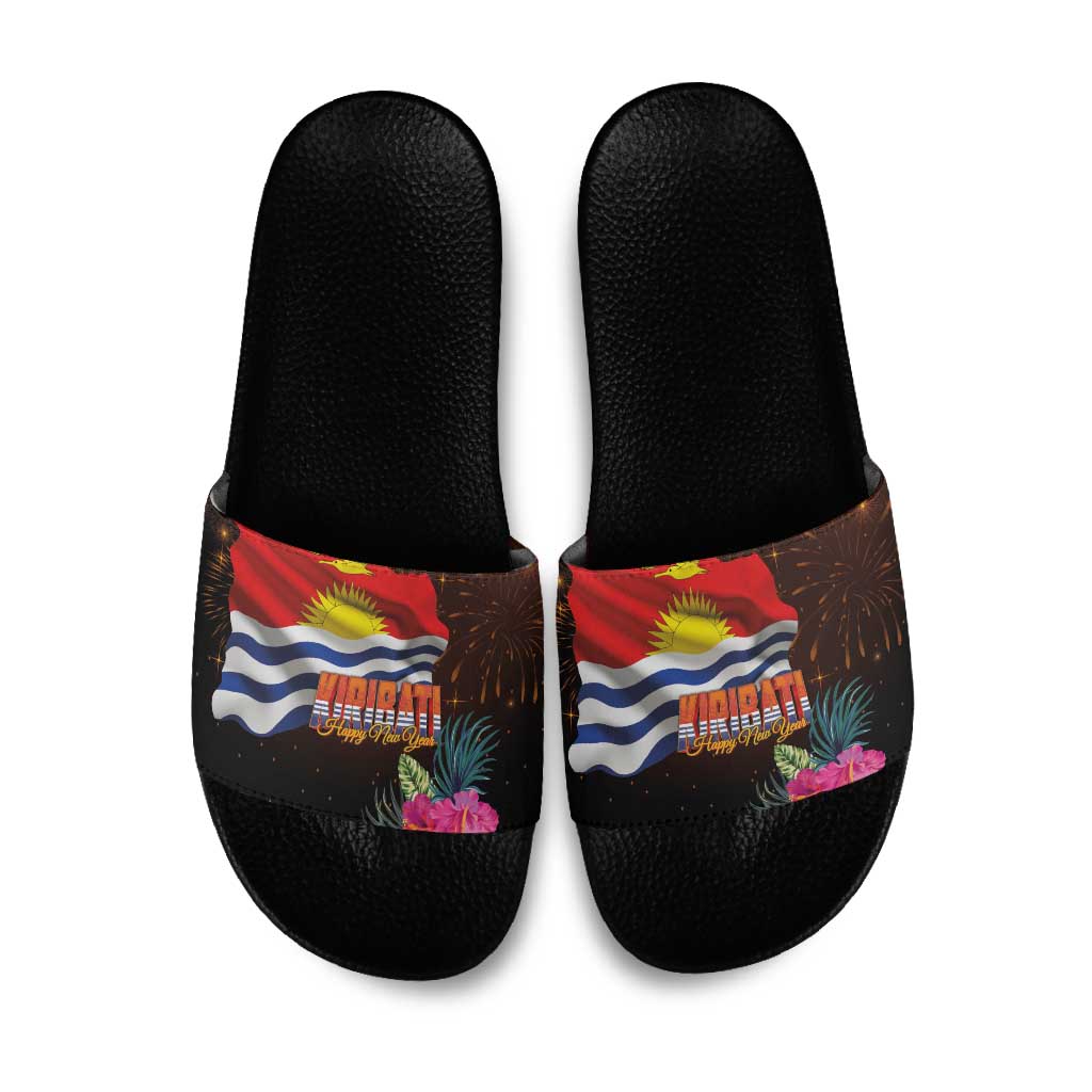 Kiribati Flag and Fireworks Slide Sandals First Place Welcome the New Year LT03 Black - Polynesian Pride