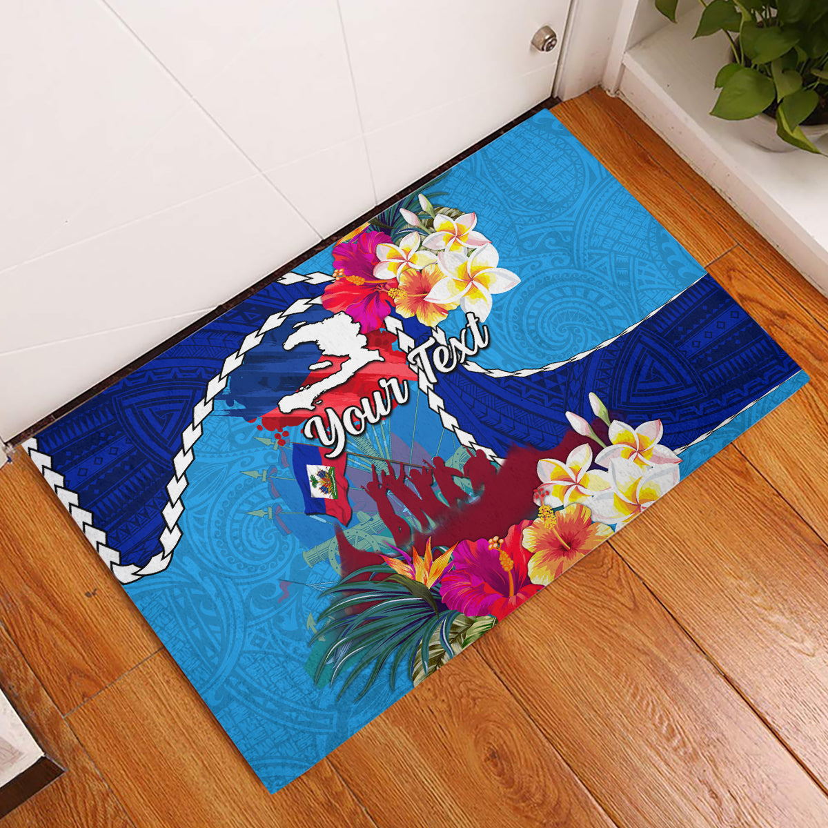 Personalised Haiti 220th Anniversary Independence Day Rubber Doormat Ayiti Flower with Polynesian Pattern LT03 Blue - Polynesian Pride