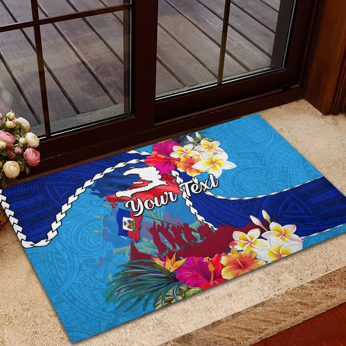 Personalised Haiti 220th Anniversary Independence Day Rubber Doormat Ayiti Flower with Polynesian Pattern LT03 - Polynesian Pride
