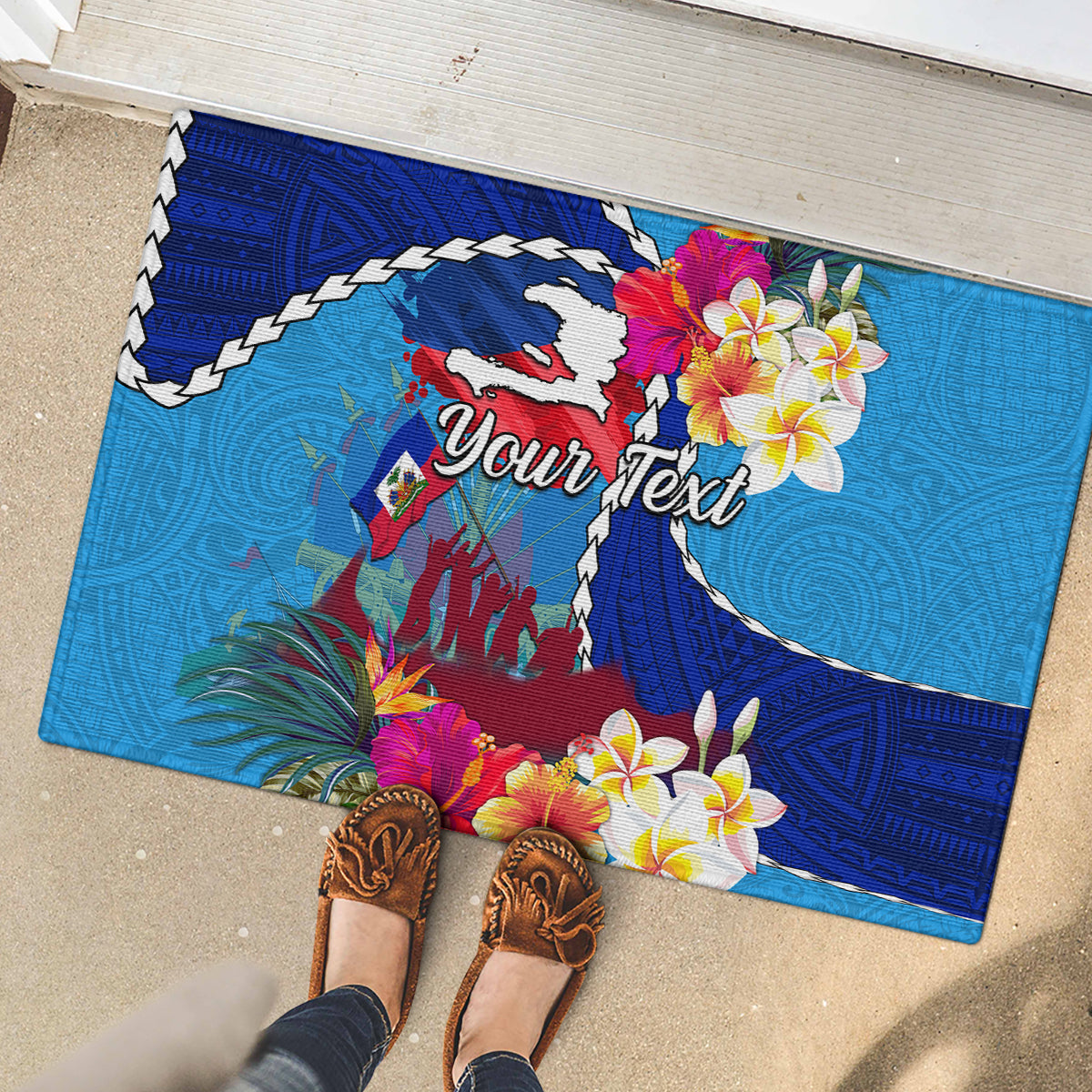 Personalised Haiti 220th Anniversary Independence Day Rubber Doormat Ayiti Flower with Polynesian Pattern LT03 - Polynesian Pride