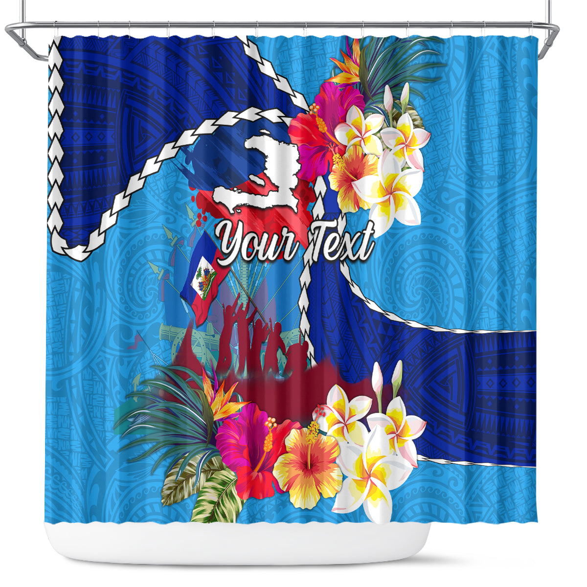 Personalised Haiti 220th Anniversary Independence Day Shower Curtain Ayiti Flower with Polynesian Pattern LT03 Blue - Polynesian Pride