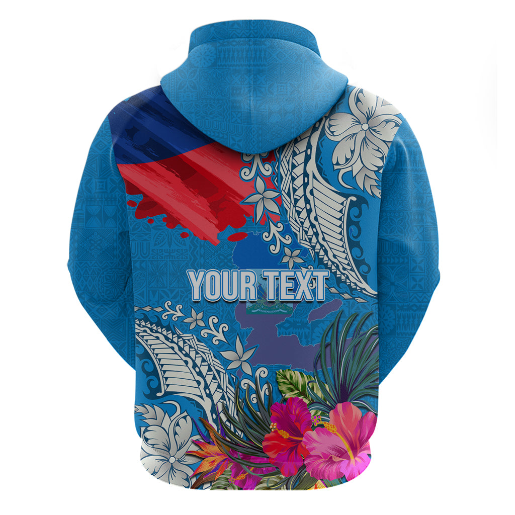 Personalised Haiti Coat Of Arms Hoodie Repiblik d Ayiti Tropical Flower Blue Polynesian Pattern LT03 - Polynesian Pride