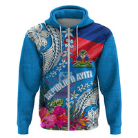Personalised Haiti Coat Of Arms Hoodie Repiblik d Ayiti Tropical Flower Blue Polynesian Pattern LT03 Zip Hoodie Blue - Polynesian Pride