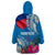 Personalised Haiti Coat Of Arms Wearable Blanket Hoodie Repiblik d Ayiti Tropical Flower Blue Polynesian Pattern LT03 - Polynesian Pride