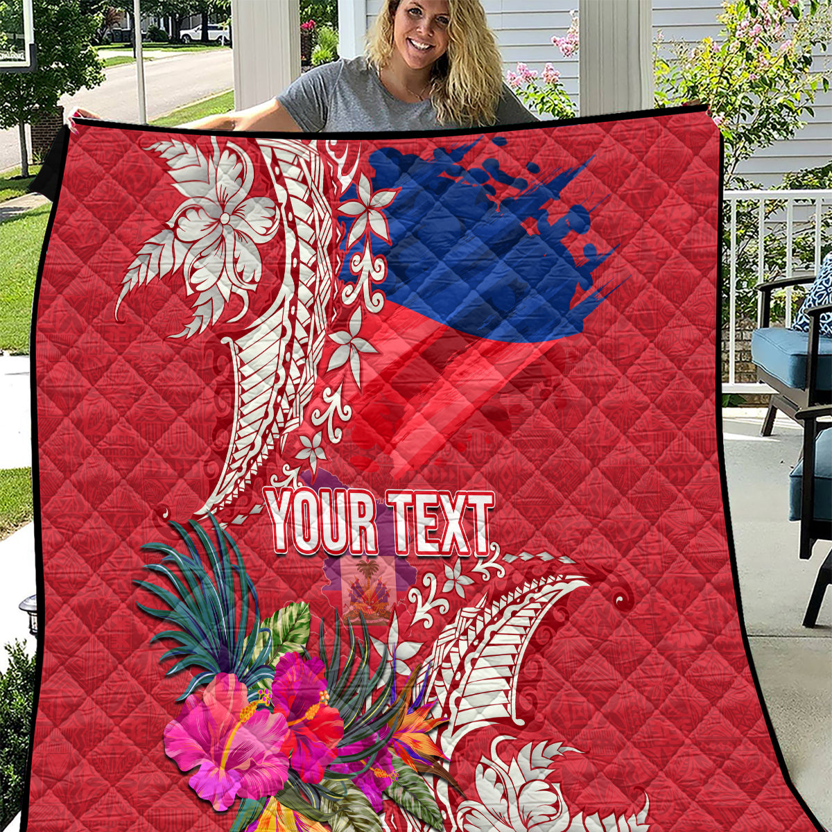 Personalised Haiti Coat Of Arms Quilt Repiblik d Ayiti Tropical Flower Red Polynesian Pattern LT03 Red - Polynesian Pride