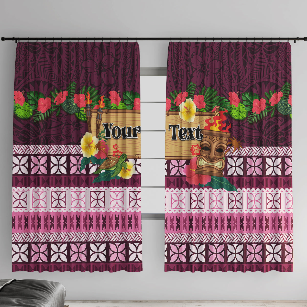 Pasifika Festival Auckland Window Curtain Polynesian Tribal with Pacific Pattern Pink Color LT03 With Hooks Pink - Polynesian Pride