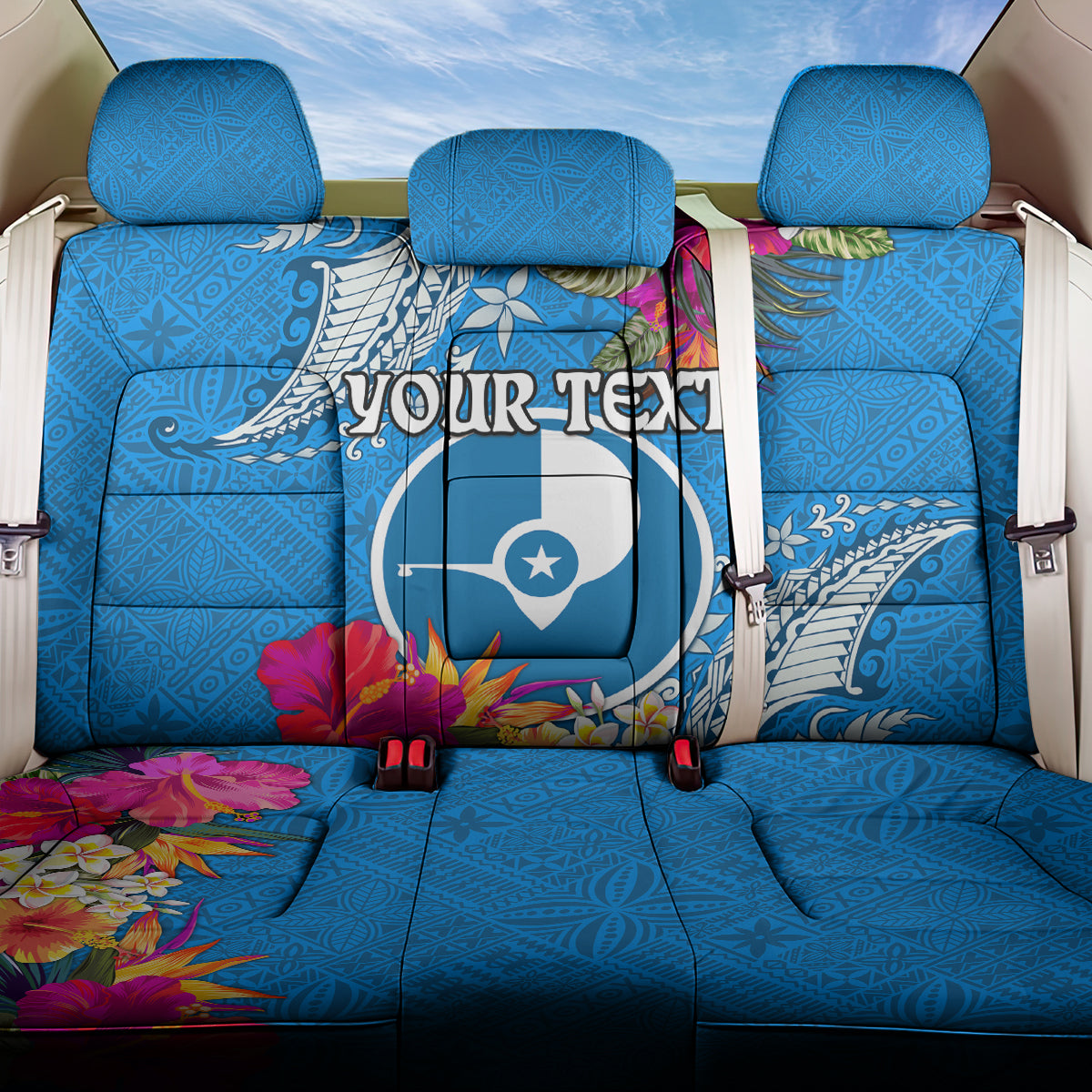 Yap Day Back Car Seat Cover Tapa Pattern with Hisbiscus LT03 One Size Blue - Polynesian Pride