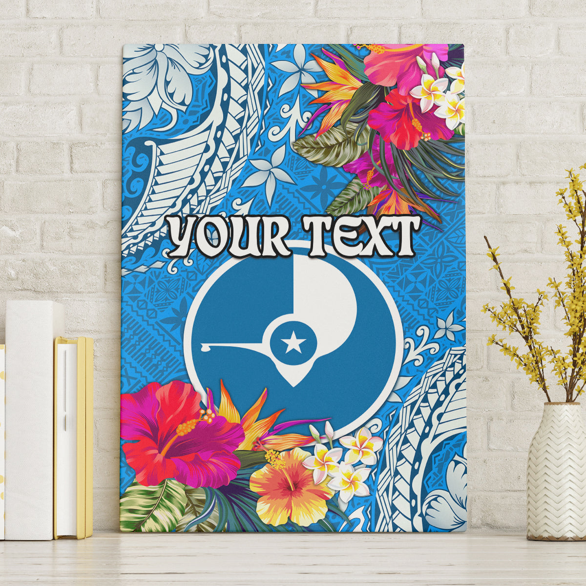 Yap Day Canvas Wall Art Tapa Pattern with Hisbiscus LT03 Without Frame Blue - Polynesian Pride