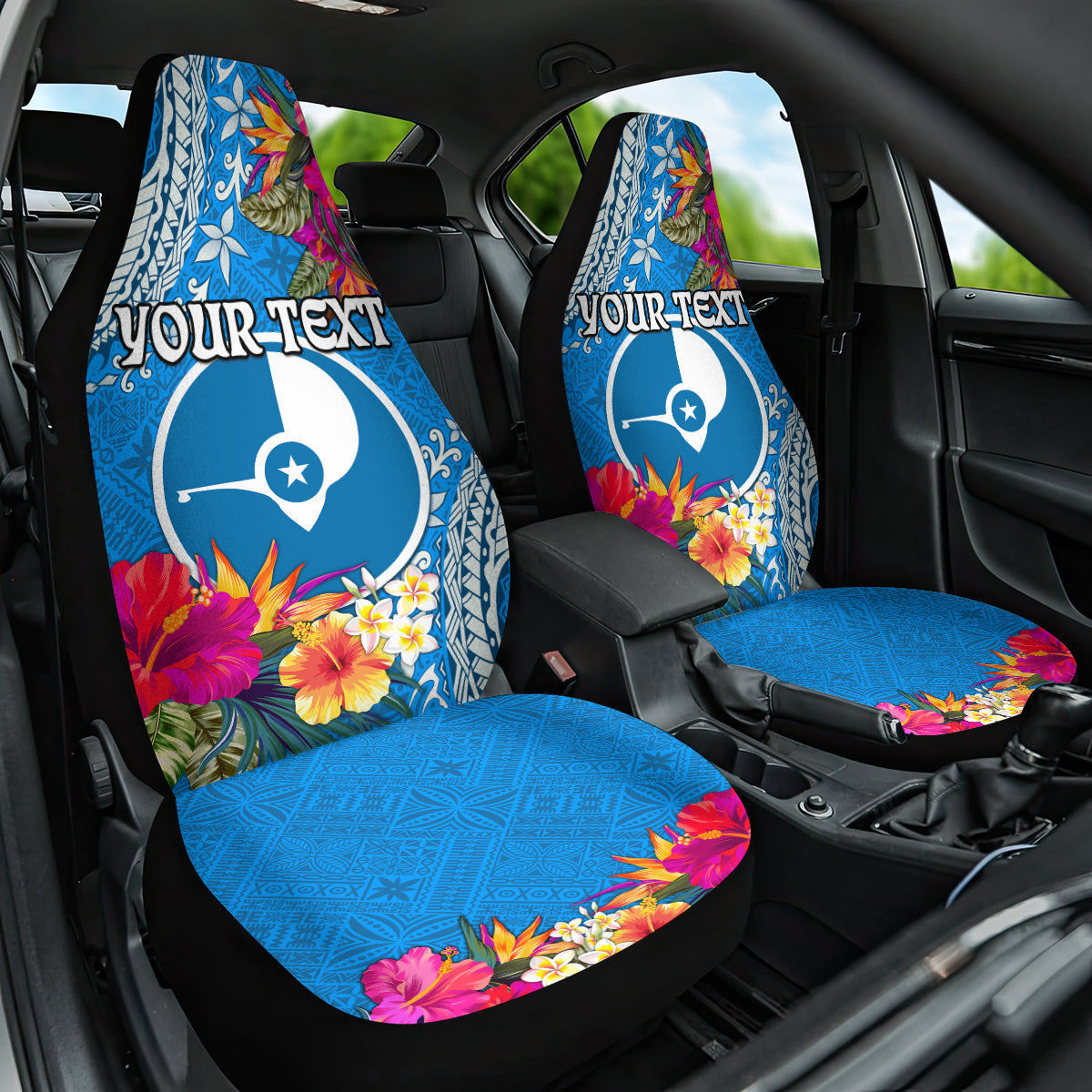 Yap Day Car Seat Cover Tapa Pattern with Hisbiscus LT03 One Size Blue - Polynesian Pride