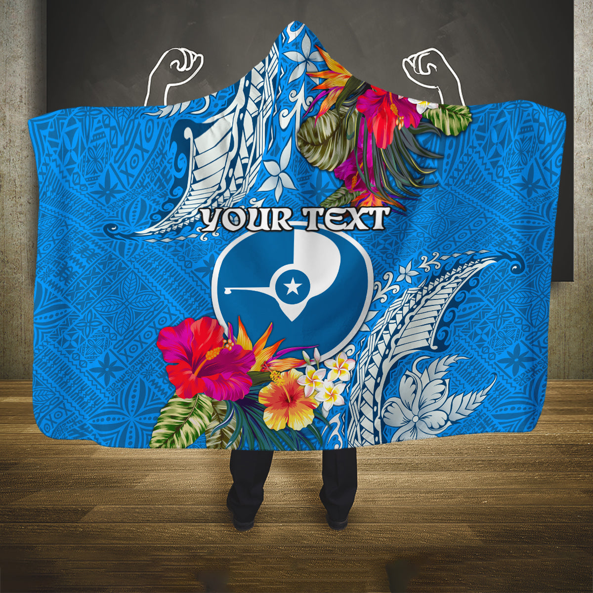 Yap Day Hooded Blanket Tapa Pattern with Hisbiscus LT03 One Size Blue - Polynesian Pride