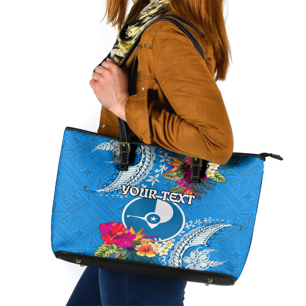 Yap Day Leather Tote Bag Tapa Pattern with Hisbiscus LT03 Blue - Polynesian Pride