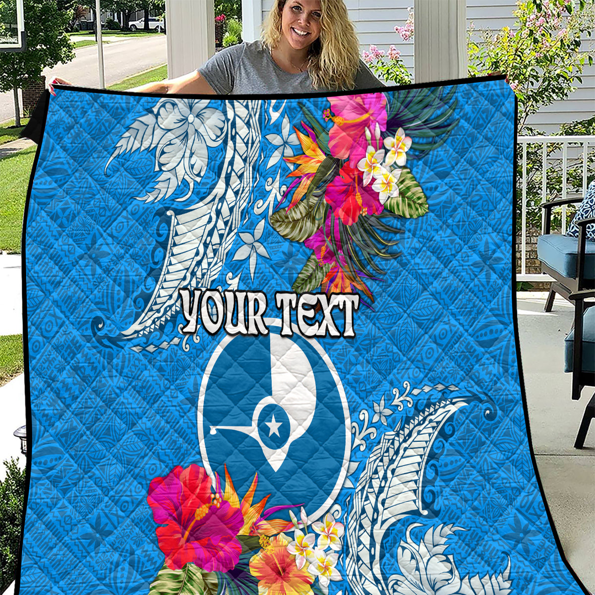 Yap Day Quilt Tapa Pattern with Hisbiscus LT03 Blue - Polynesian Pride
