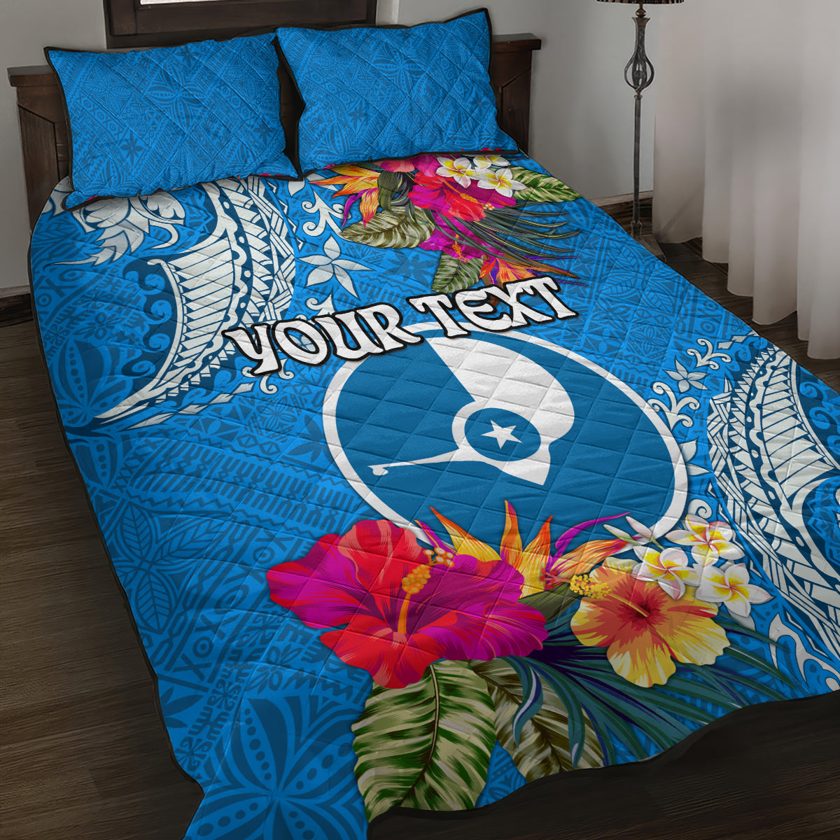 Yap Day Quilt Bed Set Tapa Pattern with Hisbiscus LT03 Blue - Polynesian Pride