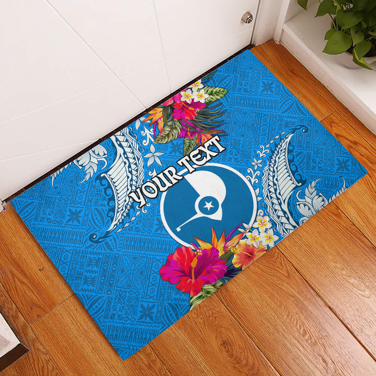 Yap Day Rubber Doormat Tapa Pattern with Hisbiscus LT03 Blue - Polynesian Pride