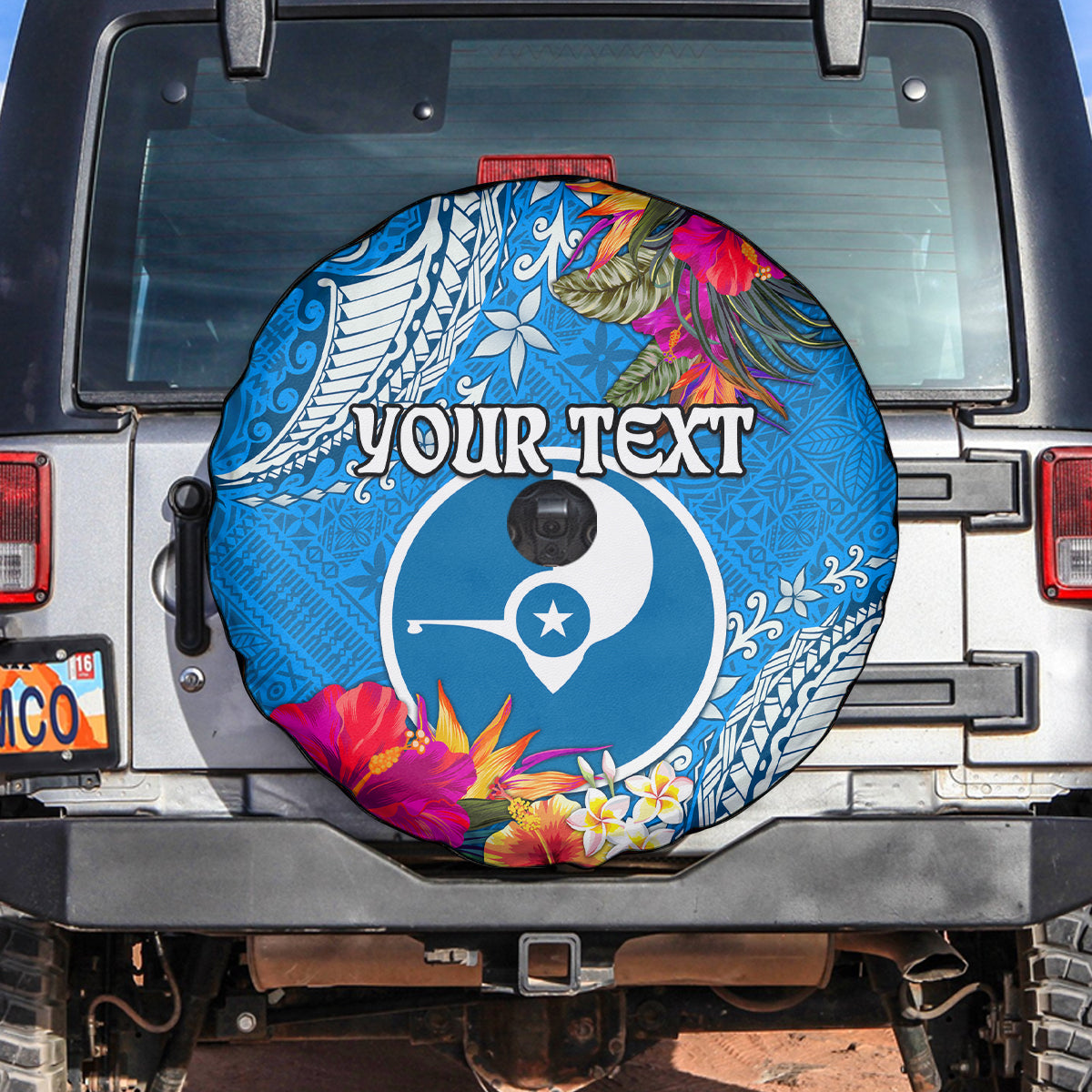 Yap Day Spare Tire Cover Tapa Pattern with Hisbiscus LT03 Blue - Polynesian Pride
