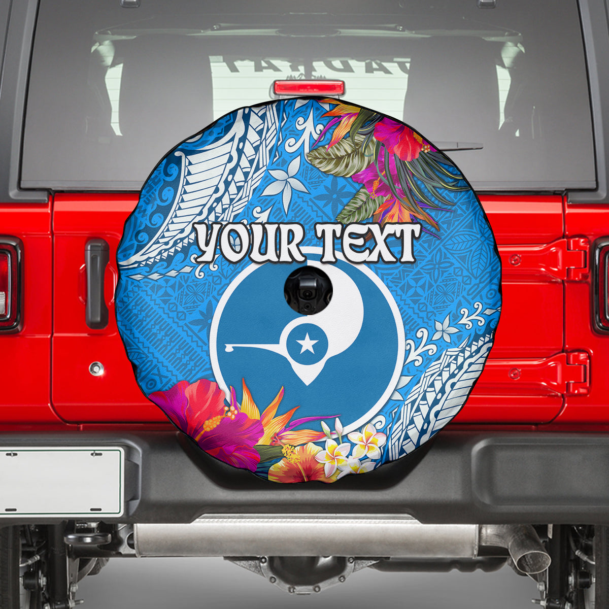 Yap Day Spare Tire Cover Tapa Pattern with Hisbiscus LT03 - Polynesian Pride