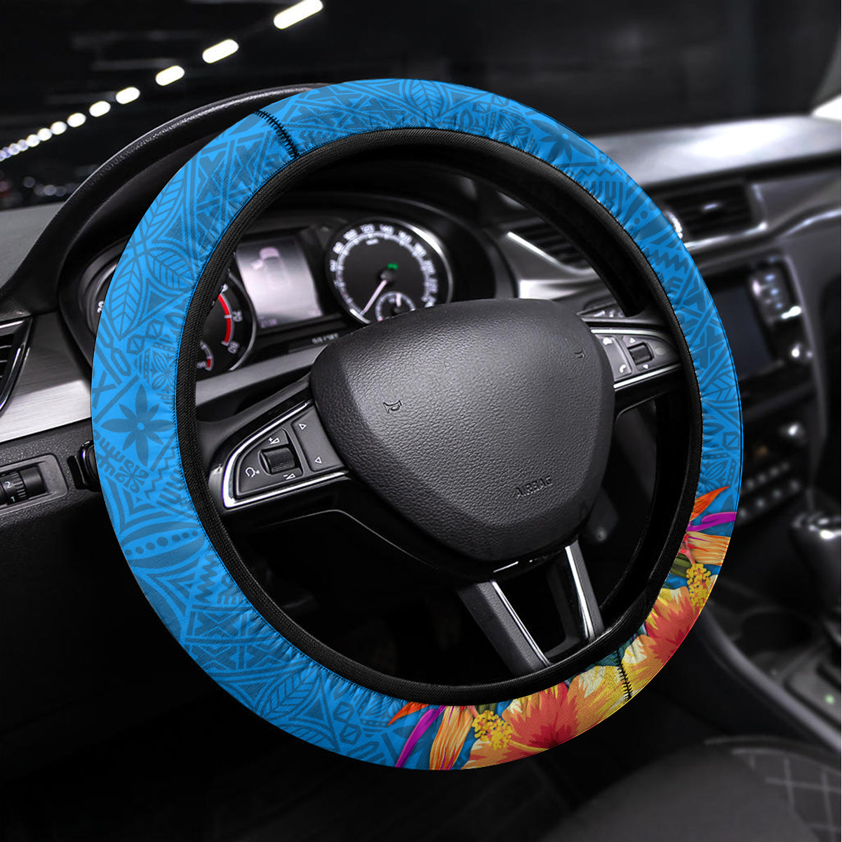 Yap Day Steering Wheel Cover Tapa Pattern with Hisbiscus LT03 Universal Fit Blue - Polynesian Pride