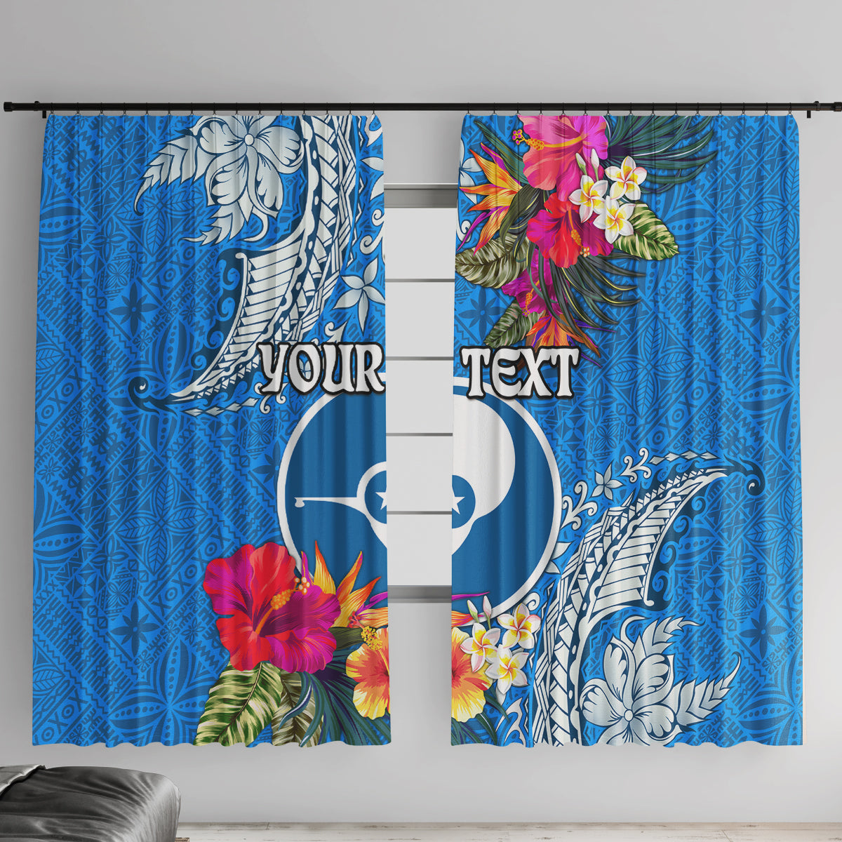 Yap Day Window Curtain Tapa Pattern with Hisbiscus LT03 With Hooks Blue - Polynesian Pride