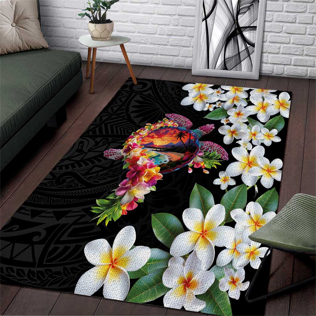 Hawaiian Lei Day Area Rug Plumeria and Turtle with Polynesian Tribal Pattern LT03 Black - Polynesian Pride