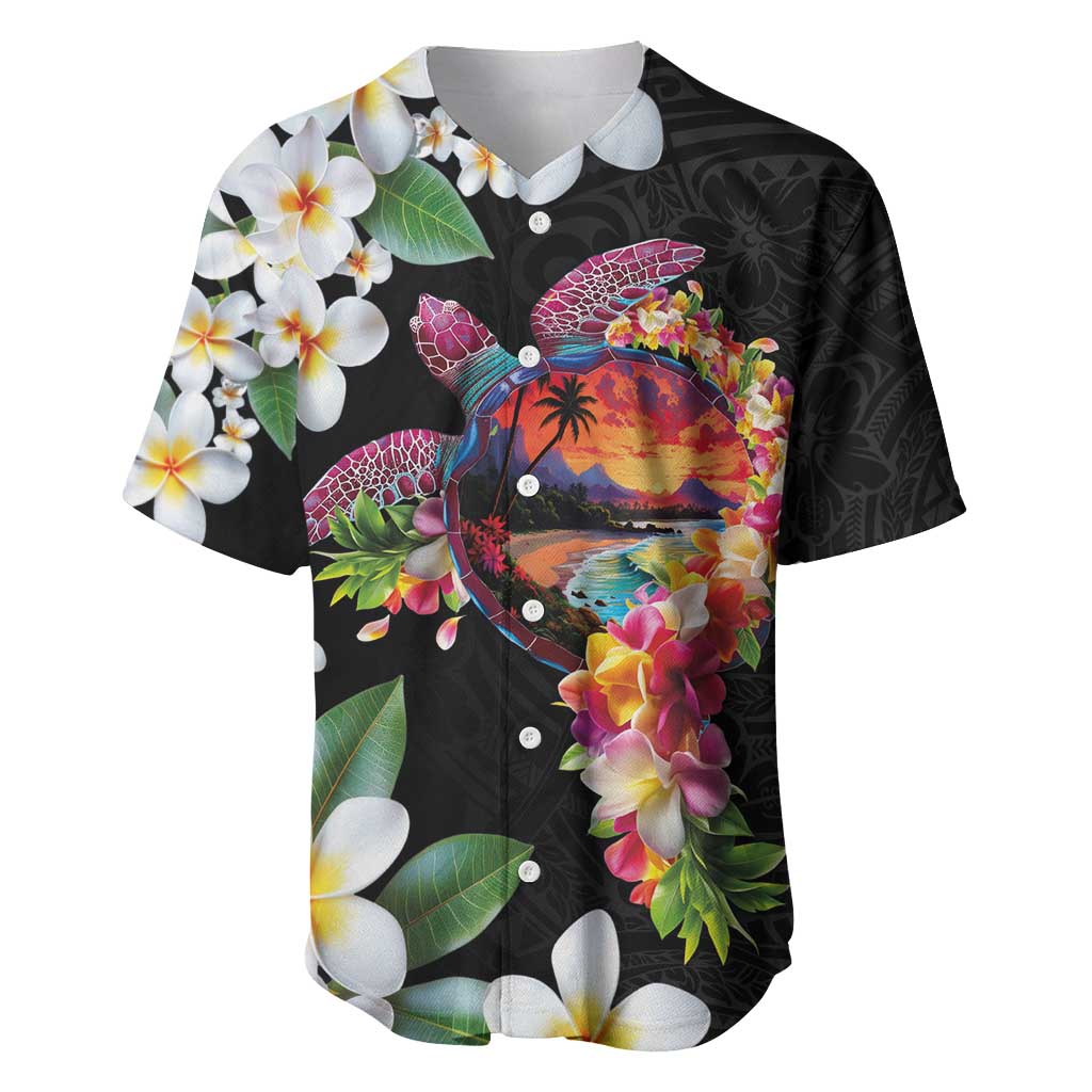 Hawaiian Lei Day Baseball Jersey Plumeria and Turtle with Polynesian Tribal Pattern LT03 Black - Polynesian Pride