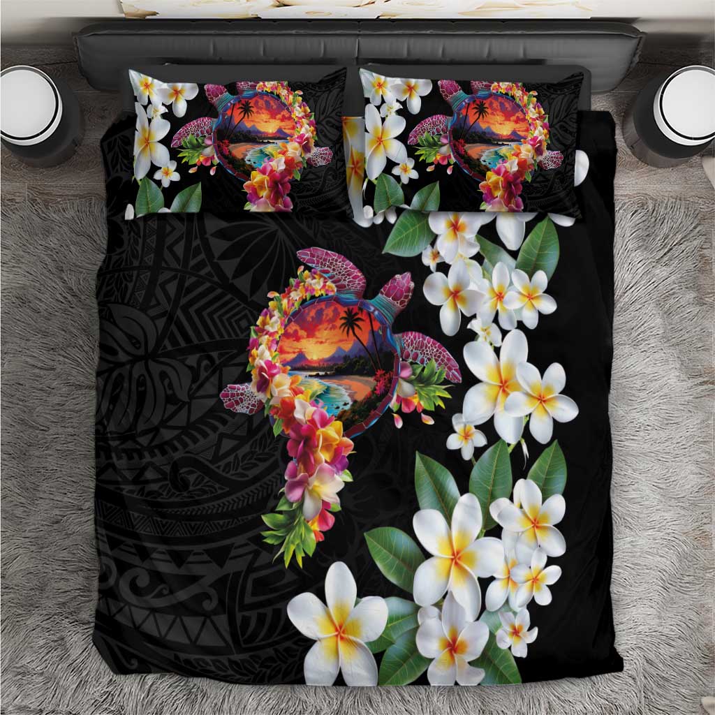 Hawaiian Lei Day Bedding Set Plumeria and Turtle with Polynesian Tribal Pattern LT03 Black - Polynesian Pride