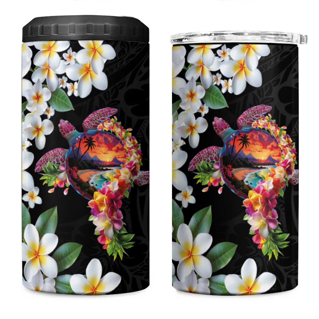Hawaiian Lei Day 4 in 1 Can Cooler Tumbler Plumeria and Turtle with Polynesian Tribal Pattern LT03 One Size: 16 oz Black - Polynesian Pride